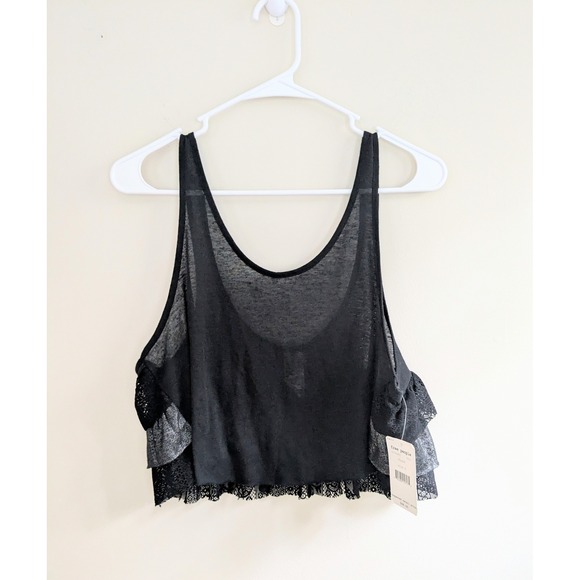 Free People Black Size S Sleeveless Lace Trim Ruffle Cropped Tank Top NWT $68 - Picture 1 of 4